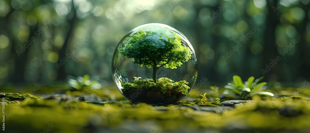 Sustainable Representation of Nature: A Glass Globe in a Lush Forest Depicting Climate Change. Concept Nature Conservation, Environmental Awareness, Global Warming, Ecosystem Preservation Sustainable Representation of Nature: A Glass Globe in a Lush Forest Depicting Climate Change. Concept Nature Conservation, Environmental Awareness, Global Warming, Ecosystem Preservation