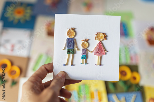 Hand holding quilling card with Happy family with father, mother and kid holding hands together. family stick figure. parents and children.. making greeting cards. Hand made of paper quilling