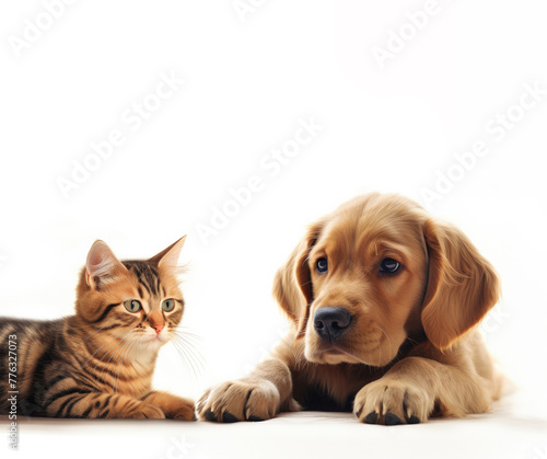 Kitten and puppy lie on a white background.