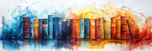 Books in a row. A colorful assortment of books. Concept of education, reading, knowledge, and library collection. Banner. Bright Watercolor illustration. Aquarelle splash
