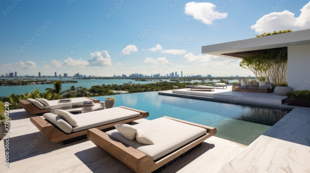 Fototapeta premium Modern villa with a private rooftop infinity pool overlooking the Miami skyline in Florida