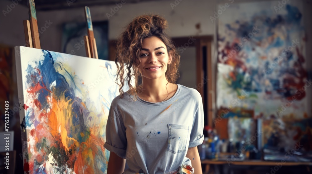 Smiling young woman artist with curly hair next to her artwork in an art studio. Concept of artistic talent, fine arts, creative process, oil painting