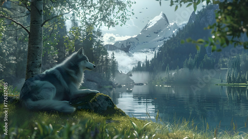 A serene scene of a husky resting by a tranquil lake, offering plenty of room for your message