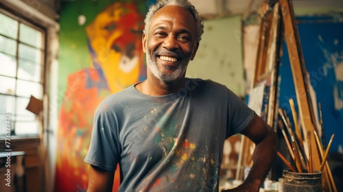 Elderly smiling African American man artist next to his artwork in an art studio. Concept of artistic talent, senior creativity, art therapy, interesting hobby, exciting leisure time, oil painting