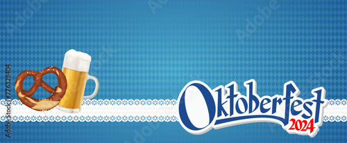 Oktoberfest background banner 2024 with pretzel and beer