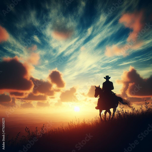 illustration of a cowboy riding at sunset, ai generated photo