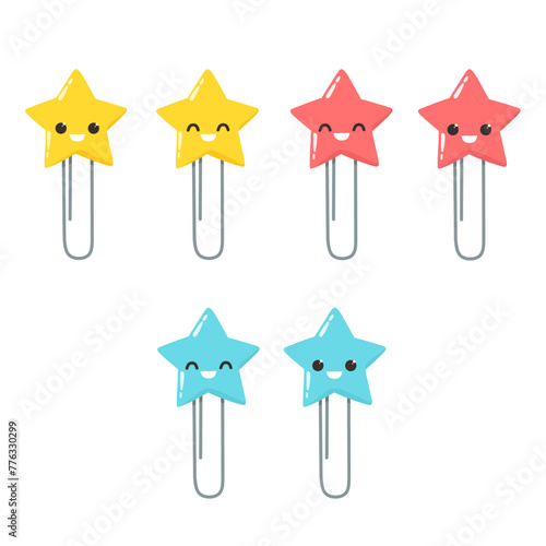 Office clip, paper clip, decor, star. Cute cartoon paper clip, emoticon. Vector paper clips © EkaterinaGr