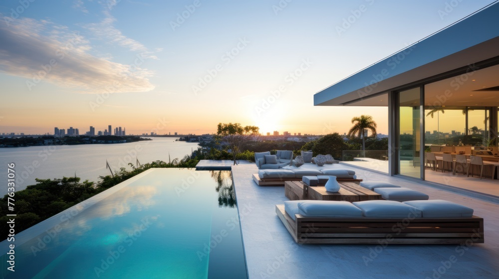 Modern villa with a private rooftop infinity pool overlooking the Miami skyline in Florida Modern villa with a private rooftop infinity pool overlooking the Miami skyline in Florida