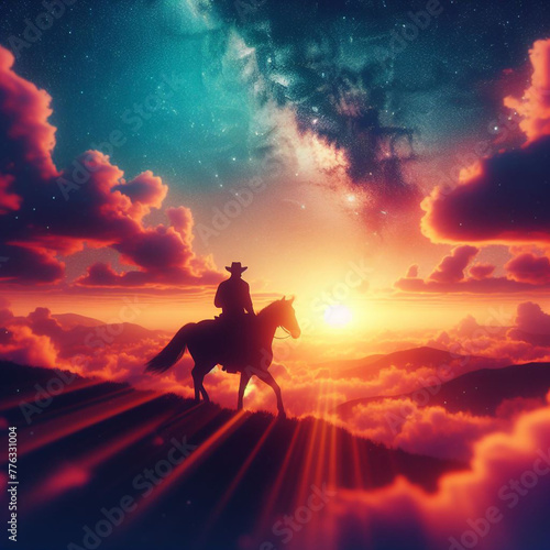 illustration of a cowboy riding at sunset, ai generated © KDMN