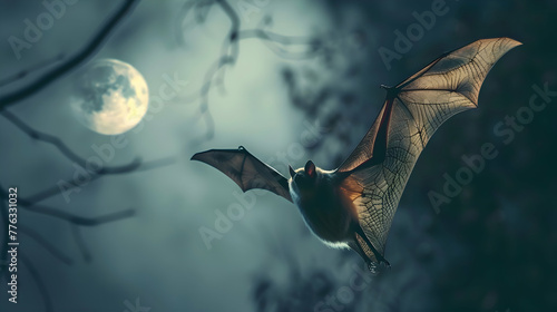 A solitary bat in mid-flight against a soft-focus moonlit sky, leaving trails of motion blur, with room for text