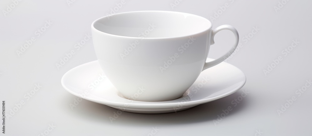 White cup and saucer placed on a plate, creating a simple and clean tabletop setting White cup and saucer placed on a plate, creating a simple and clean tabletop setting