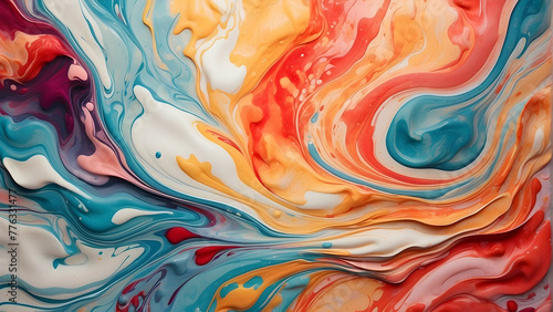 An artistic representation with swirls of orange, red, blue, and white, resembling marble texture
