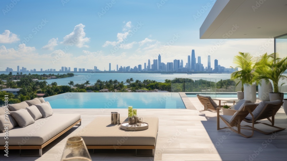 Fototapeta premium Modern villa with a private rooftop infinity pool overlooking the Miami skyline in Florida