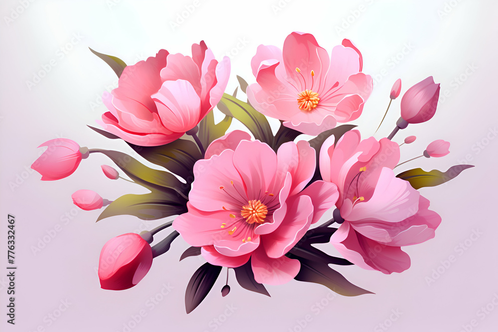 Bouquet of pink flowers on a white background.  illustration.
