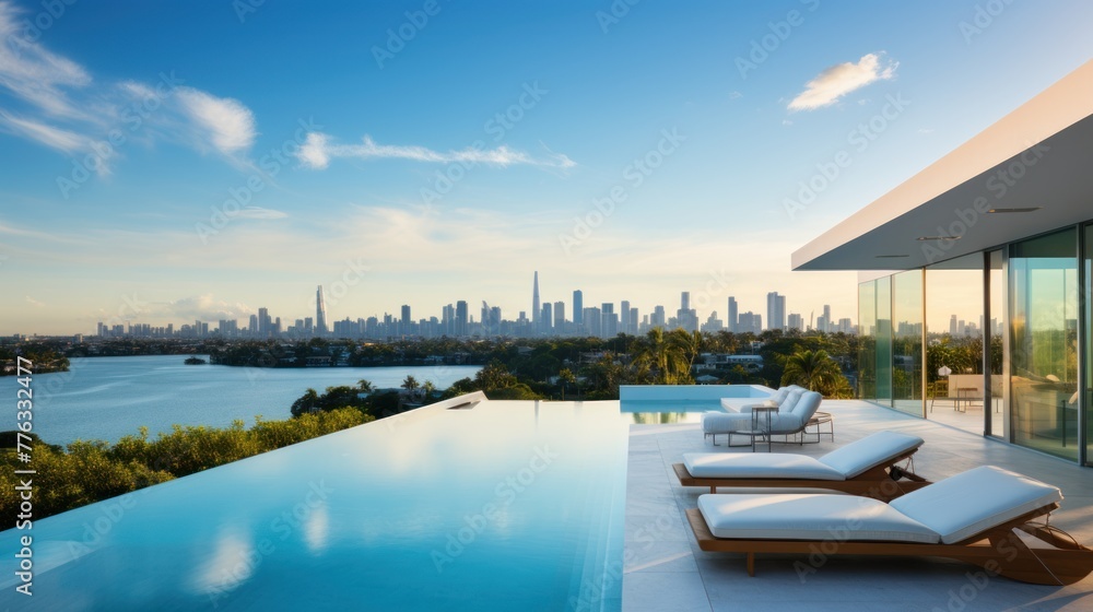 Modern villa with a private rooftop infinity pool overlooking the Miami skyline in Florida