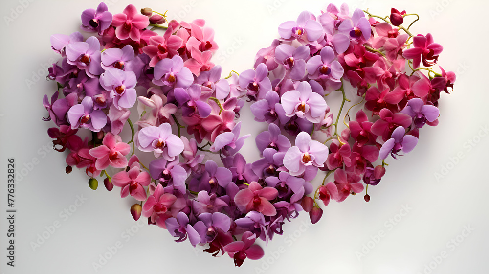Obraz premium Heart shape made of pink orchids on white background.