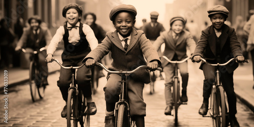 Wide-angle vintage black and white photo of a group of children cycling on bikes outside on the street in fall or spring, wearing coats and bike helmets. 1900s style with digital noise, nostalgic photo
