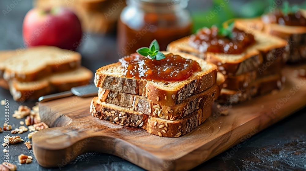 Tantalizing breakfast setup features whole grain toast topped with homemade apple jam, garnished with fresh basil on a rustic wooden board, perfect for culinary blogs or recipe books.