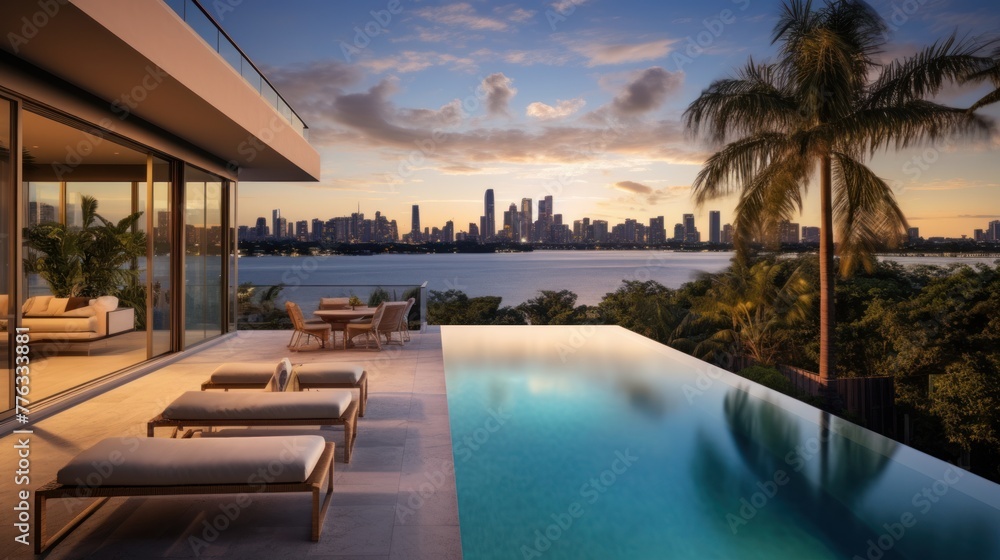Modern villa with a private rooftop infinity pool overlooking the Miami skyline in Florida Modern villa with a private rooftop infinity pool overlooking the Miami skyline in Florida