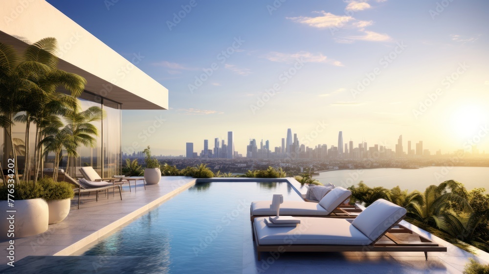 Fototapeta premium Modern villa with a private rooftop infinity pool overlooking the Miami skyline in Florida