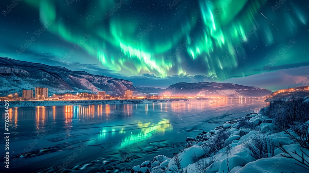 The dazzling Aurora Borealis illuminates the night sky and reflects on the icy river, with a snowy urban landscape providing stunning contrast, perfect for travel and nature publications.