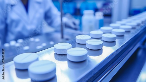 Pharmaceutical technician conducts a quality inspection of uniformly white tablets on a production conveyor, ensuring high standards are met for medical safety.