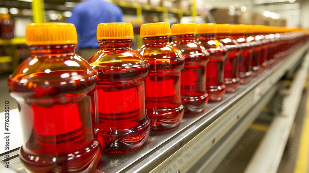 Red bottled beverages with bright orange caps move steadily along an assembly line, a glimpse into the automated packaging process within beverage industry.