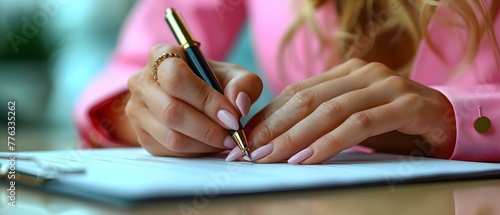 Closeup of persons hand signing contract on desk in office. Concept Business Contract Signing, Office Desk, Closeup Shot, Hand Gesture, Workplace Environment