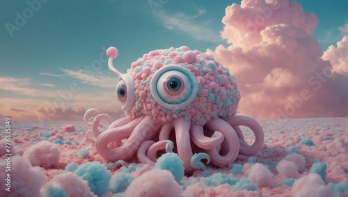 On a zany elusive artificial planet, a whimsical creature with tentacles made of candy floss and eyes sparkling like diamonds frolics among pastel clouds.
