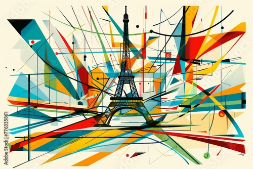 Abstract interpretation of the Olympic Games in Paris, featuring the iconic Louvre and its modern glass pyramid juxtaposed with fluid, colorful shapes, symbolizing the dynamism of sports 2024