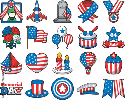 Memorial Day in the United States. American flags icon. The grave of military personnel.