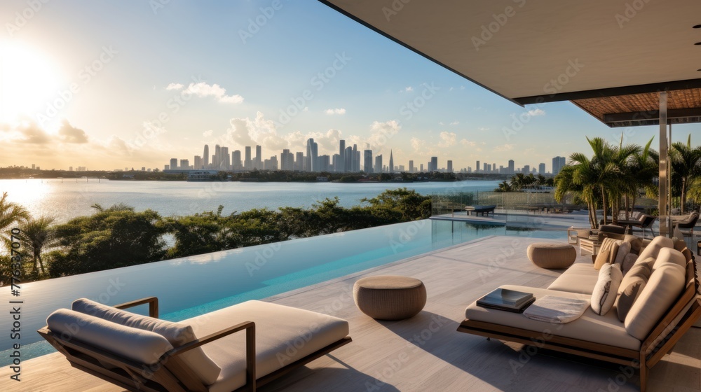 Modern villa with a private rooftop infinity pool overlooking the Miami skyline in Florida