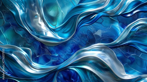 Abstract blue and silver fluid art pattern. Digital illustration with dynamic wave shapes. Modern art and fluidity concept for design and wallpaper.