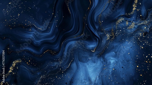 Dark blue abstract fluid art with golden streaks. Elegantly swirling marble effect with glittering particles. Swirling dark blue and gold abstract for modern luxury backgrounds