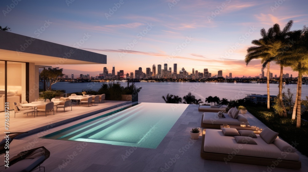 Fototapeta premium Modern villa with a private rooftop infinity pool overlooking the Miami skyline in Florida