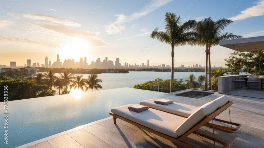 Fototapeta premium Modern villa with a private rooftop infinity pool overlooking the Miami skyline in Florida