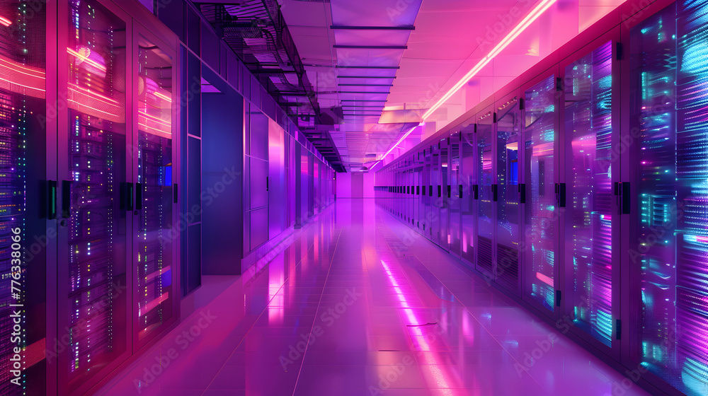 A modern data center server room illuminated with neon lights, showcasing high-speed data processing and advanced technology infrastructure.
