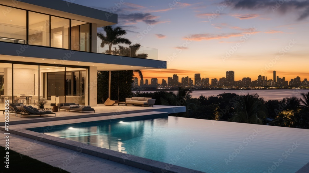 Modern villa with a private rooftop infinity pool overlooking the Miami skyline in Florida