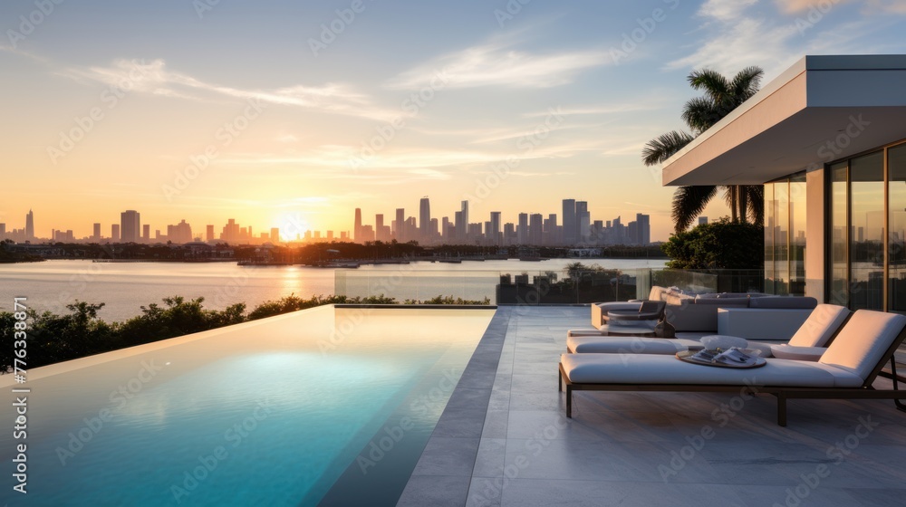 Fototapeta premium Modern villa with a private rooftop infinity pool overlooking the Miami skyline in Florida