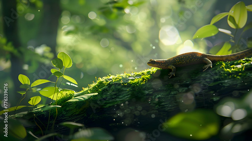 A solitary newt resting on a mossy log in the midst of a serene woodland, surrounded by a soft blur of emerald leaves and dappled sunlight filtering through the canopy above