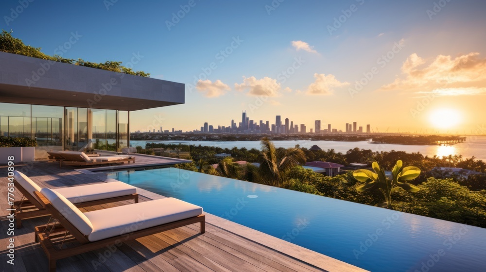 Fototapeta premium Modern villa with a private rooftop infinity pool overlooking the Miami skyline in Florida