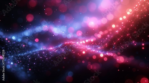 Glowing Digital Particle Wave with Blue and Red Light Connections in Futuristic Abstract Technology Mesh and Data Flow Background