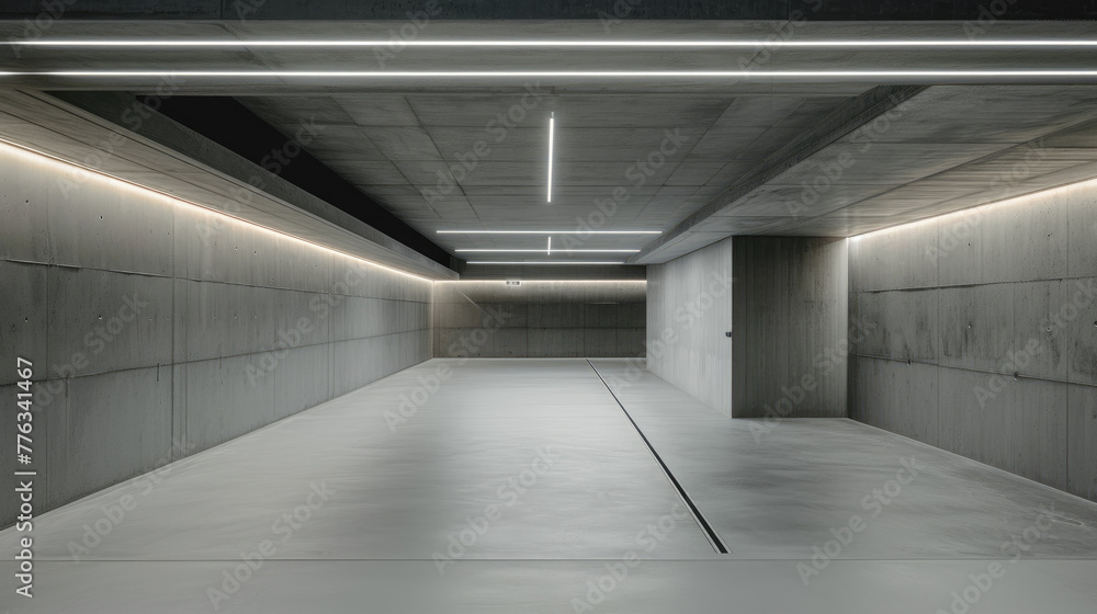 Futuristic garage background, dark concrete tunnel with white led light, interior of modern empty underground hall. Concept of hallway, room, technology, building
