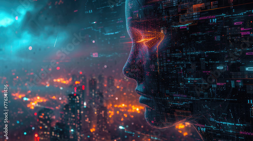 Artificial intelligence like human with fire, portrait of futuristic humanoid AI robot on destroyed city background. Concept of digital technology, cyborg, war, power, future