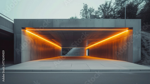 Entrance to modern concrete garage, parking or warehouse with grey walls and led light, futuristic industrial building exterior. Concept of future, tunnel, construction.