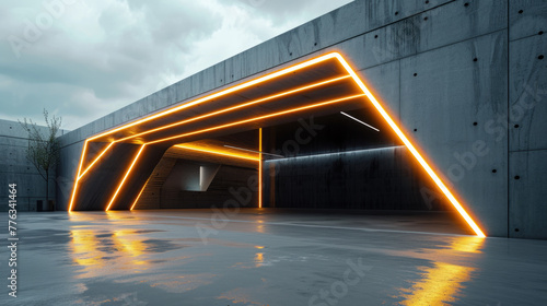 Entrance to modern concrete garage or warehouse with grey walls and led light, futuristic industrial building exterior. Concept of future, bunker, hangar, construction, asylum photo