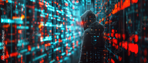 Hacker and information in dark digital data space, hooded man on abstract code background. Concept of cyber security, technology, crime, hack, network