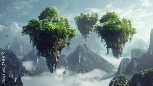 Scenery of flying tropical islands in fog, surreal misty mountain landscape with land floating in sky. Concept of fantasy, fairy world, green planet, forest.