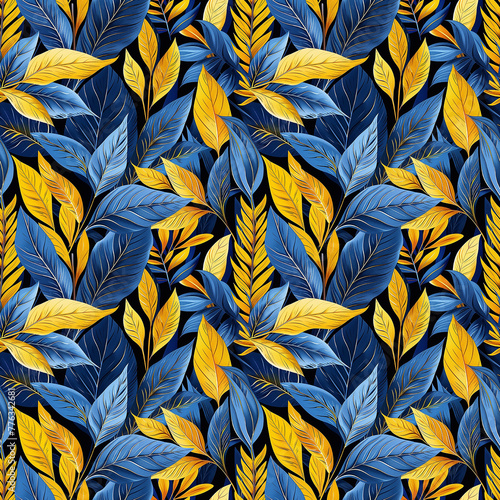 Blue and Yellow Tropical Leaf Pattern