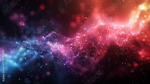 Glowing Abstract Particle Mesh Wave with Red and Blue Connections in Futuristic Digital Network and Technology Flow Background